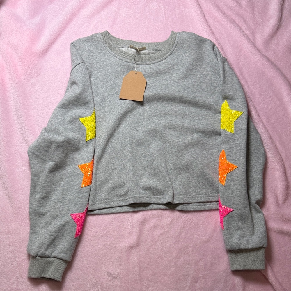Main Strip Gray Sweater with Neon Star Accents